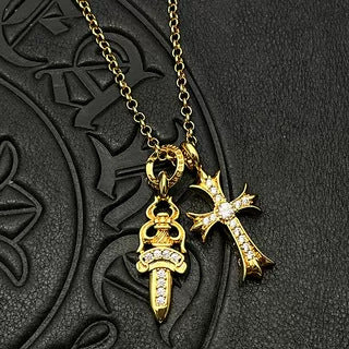 Chrome Hearts gold diamond sword cross double pendant