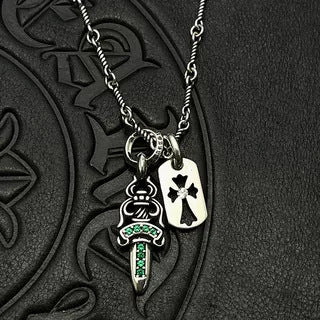 Chrome Hearts Diamond-Inlaid Sword and Dog Tag Double Pendant