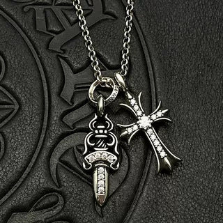 Chrome Hearts gold diamond sword cross double pendant