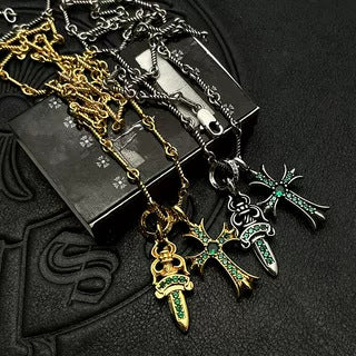 Chrome Hearts gold diamond sword cross double pendant
