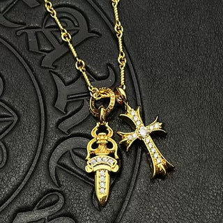 Chrome Hearts gold diamond sword cross double pendant