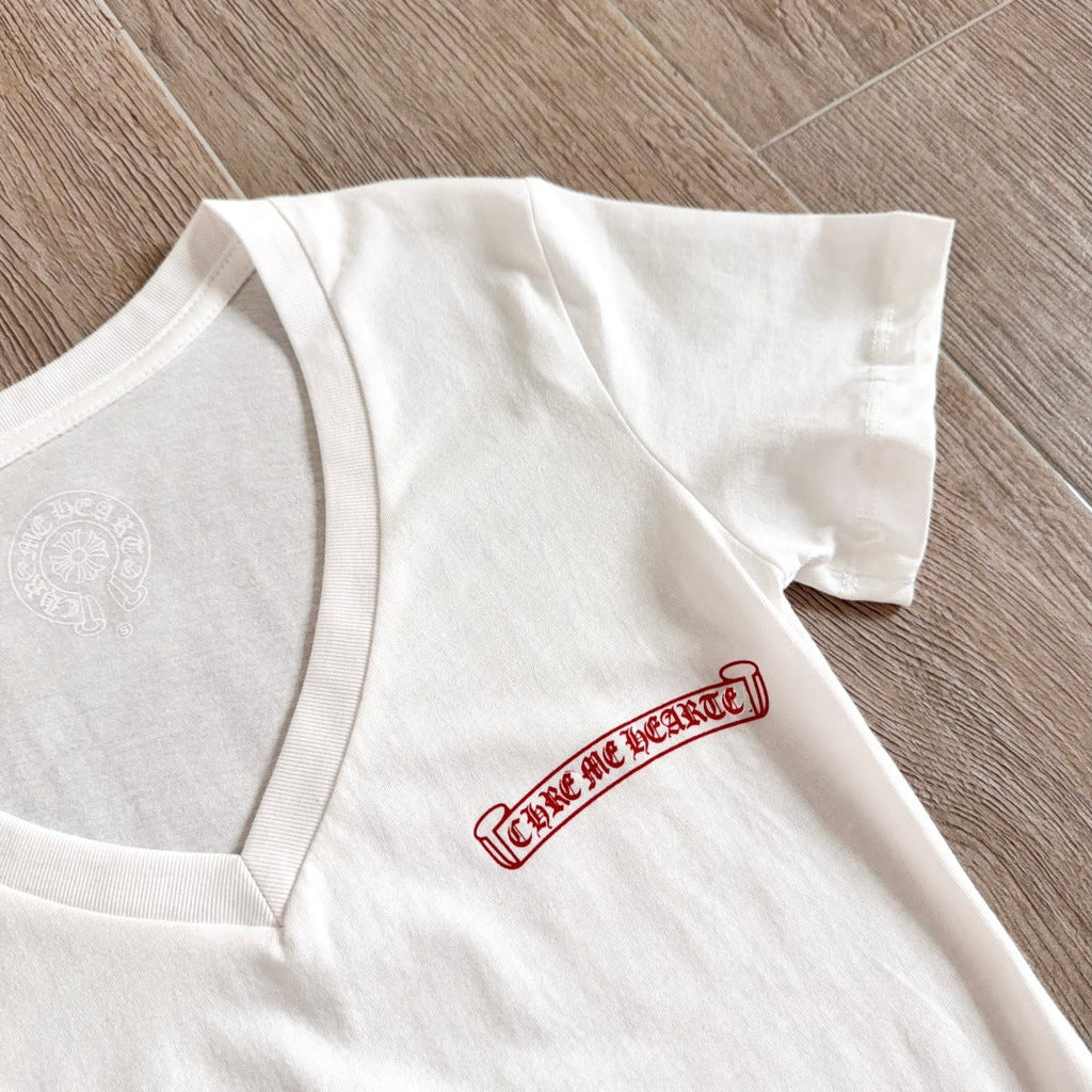 Chrome Hearts V-Neck Scroll Print Short-Sleeve T-Shirt