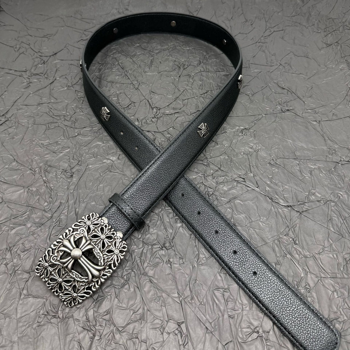 Chrome Hearts Belt with Cross Rivets and Tongue Buckle