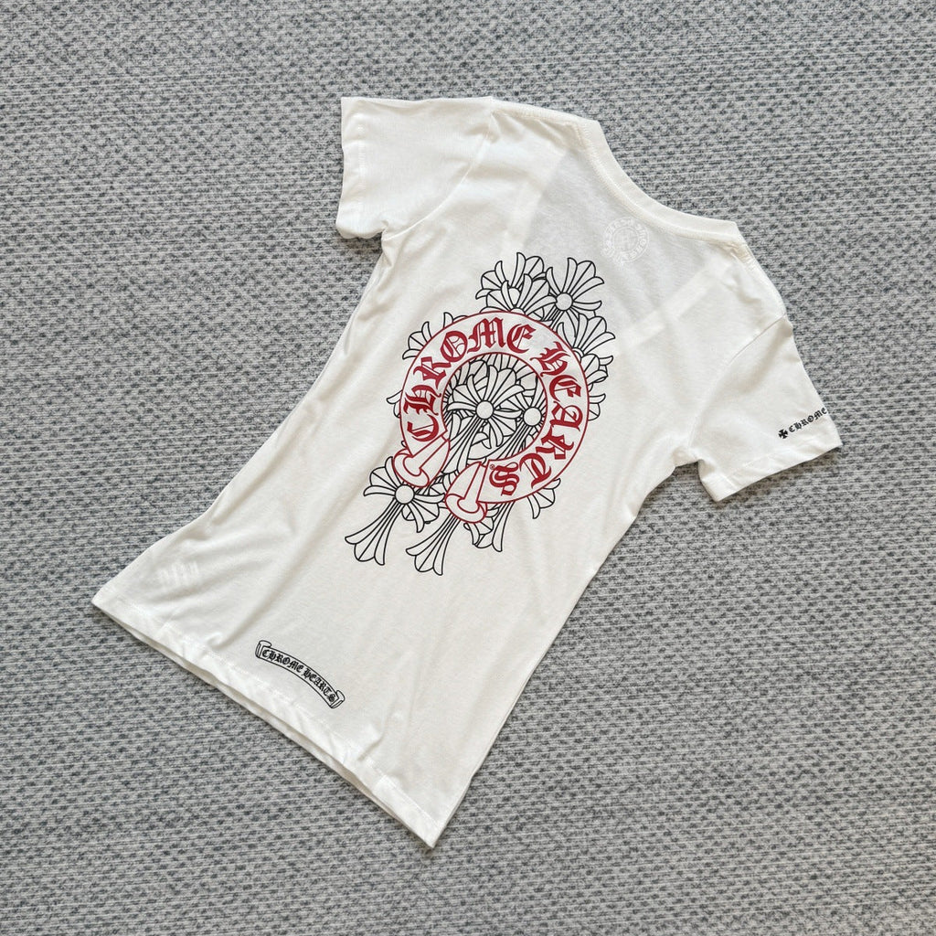 chrome hearts cross red horseshoe V-neck short-sleeved T-shirt